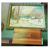 Little wooden box and framed oil picture