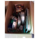 Box lot of aluminum cooking pans, cookbook etc