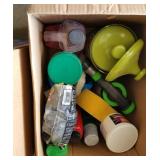 Box lot of car cleaning supplies, canister set