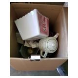 Box of misc kitchen items: pans , cooking pots,