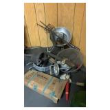 Assorted lot of funnels, strainers, 2 green sun