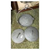 Cast iron footed hearth skillet, 2 lids