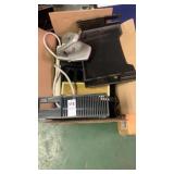 Box of assorted office supplies and garmins,