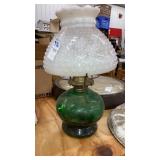Green glass oil Kemp w/ milk glass shade