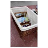 Basket lot old hankies sewing kit suspenders