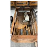 Wooden crate with stool, hatchets and wire basket