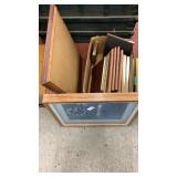 Box lot of frames and wall clock