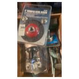 Box lot of sanding items, tubing cutter, and