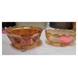 2 carnival glass footed bowls