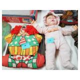 Vintage babydoll, small doll, clown & print