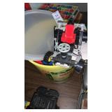 Bucket of legos and lego car