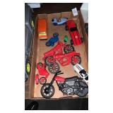 Tray lot of vintage toy motorcycles and cars