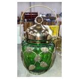 Vintage green glass biscuit jar w/music box lid