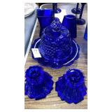 Deep cobalt glass butter bowl candleholders small
