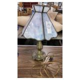 Small brass lamp leaded glass shade 11" tall
