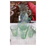 Antique Hand painted green glass pitcher &