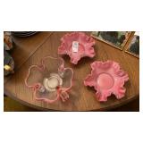 Fenton pink ruffled dishes, glass shamrock
