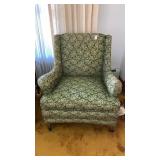 Pair-MCM green tapestry chairs on wheels