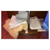 Linen dish towels, lace tablecloth