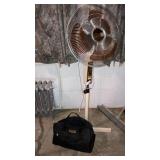 Fan on stand, ext cords bag