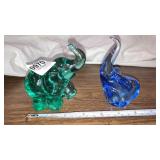 Green and blue glass elephants