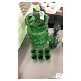 Green glass pitcher, decanter and shot glasses