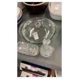 Glass casserole, butter dish and cruet.