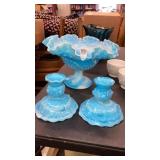 Fenton blue slag glass candleholders & ruffled