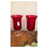 Red glass candle vases pair 11" tall