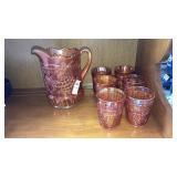 Marigold carnival glass pitcher & 6 tumblers