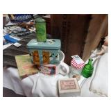 2 tin cans,ornament hangers, 2 small bottles