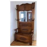 Antique oak hall seat with/ hooks & storage 40"