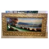Reverse painting train on bridge with ornate gold