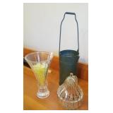 Lot of glass vase, glass bowls and green tin