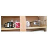 Shelf lot of mugs and Anchor Hocking baking dish
