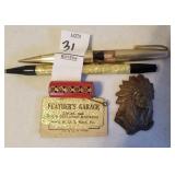 2 lead pencil pens, antique Feathers Garage oil