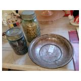 Copper dish and two old canning jars pint and