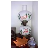 Small painted glass lamp, perfume bottle, leaf