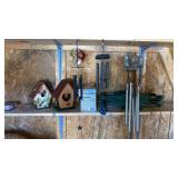 Wind chimes, bird houses shelf lot
