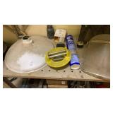 Shelf lot of porcelain light shade, dustpan and