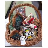 Basket of small Christmas ornaments - some wooden