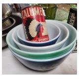 Nesting pyrex bowls and vintage baking powder tin