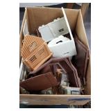 Box of plastic toy barns , silos & cabin