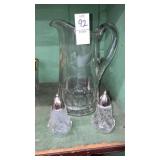 Antique elegant etched glass pitcher & shakers