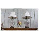 Glass rose urn table lamps pair