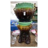 Jardiniere with stand green & brown glaze pottery