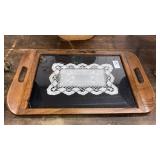 Wooden tray w/ doily under glass