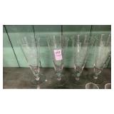 4 etched glass Pilsner stemware glasses