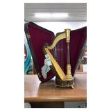 Miniature harp music box in case 10" tall