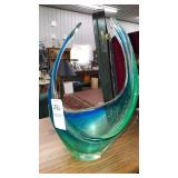Aqua Art glass bowl mid century 9" tall